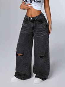 SHEIN ICON 女式宽松破洞阔腿牛仔裤，带口袋