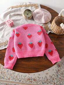SHEIN Young Girl's Round Neck Strawberry Print Long Sleeve Casual Loose Comfortable Sweater - Watermelon Pink - View 2