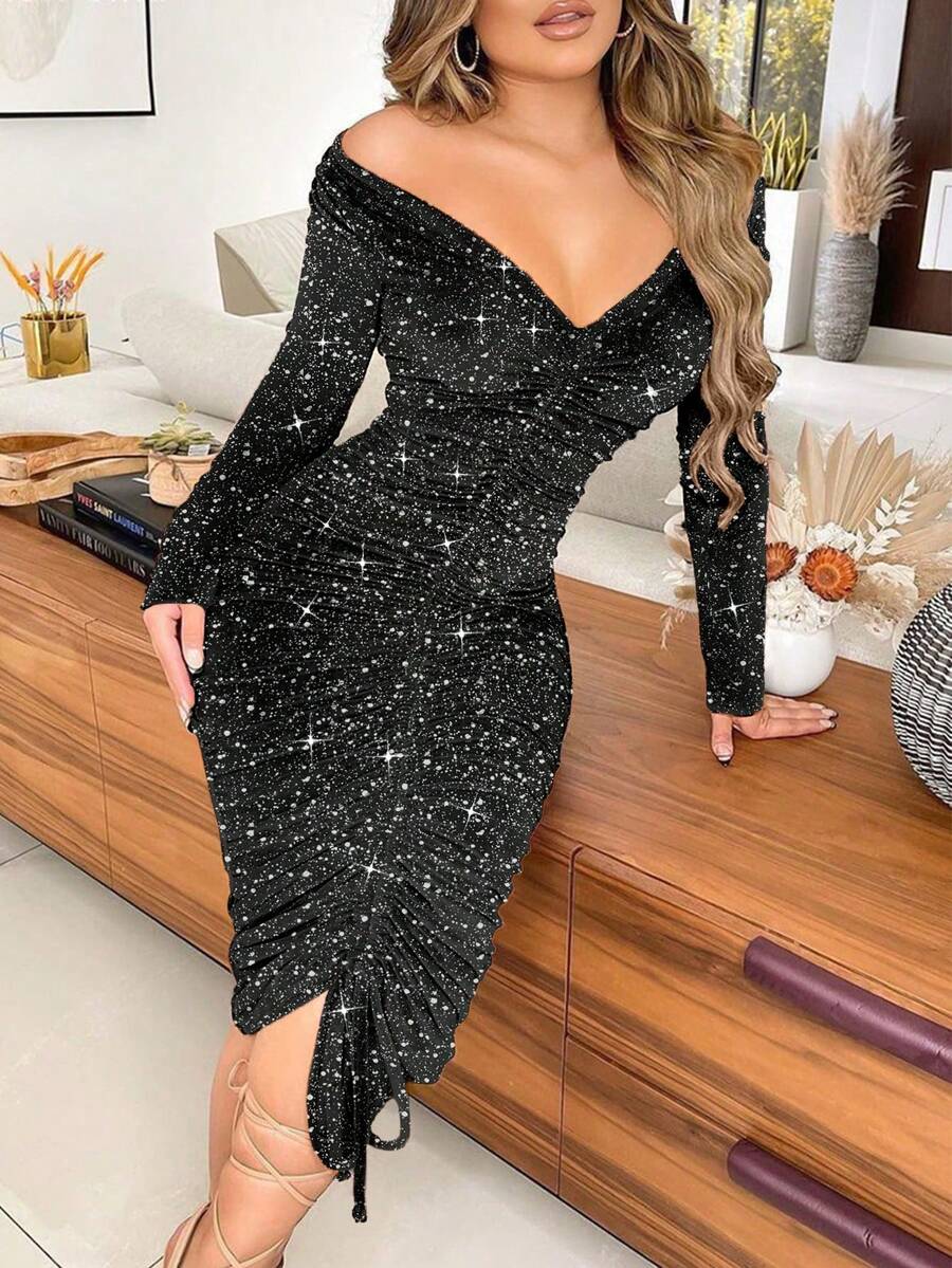 女士露肩长袖闪光印花中长款紧身褶饰优雅连衣裙 - 黑色 - 查看 1