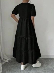 Calvaya Short Sleeve Ruffled Hem Puff Sleeve Solid Color Summer Dress Maxi Women Outfit