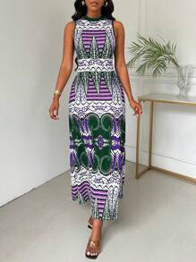 SHEIN Clasi Đầm suông cổ tròn không tay in họa tiết thời trang rộng rãi thoải mái thường ngày cho nữ - Nhiều màu - Xem 3