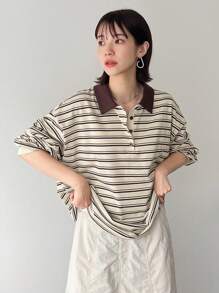 FRIFUL 女士宽松条纹 Polo 领长袖休闲 T 恤，春夏、秋季服装 - 彩色 - 查看 8