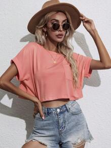 SHEIN LUNE 蝙蝠袖口袋貼布短版T恤 - 珊瑚粉 - 查看 4