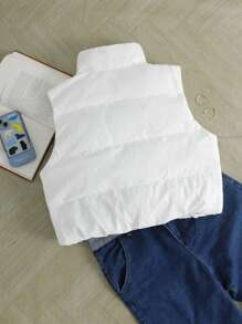 SHEIN 少女编织纯色立领口袋宽松休闲加厚无袖棉服外套 - 白色 - 查看 2