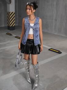 SHEIN 少女宽松蓝色牛仔蝴蝶结背心 - 淺色水洗藍 - 查看 5