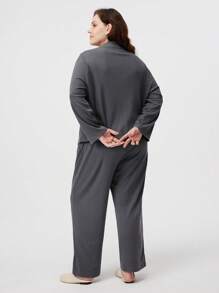 LUVLETTE Autumn And Winter Plus Women Ribbed Comfort Cotton Basic Classic Long Pajama Loungewear Set Sleepwear Lounge Set Fall Pajamas - Dark Grey - View 4