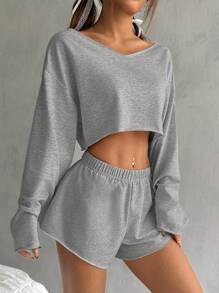 SHEIN EZwear 2 件套女士纯色落肩长袖短款上衣和短裤套装，春夏 - 灰色 - 查看 5