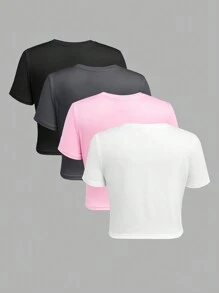 SHEIN Girlism 4pcs Tween Girls Casual Round Neck Solid Color Comfortable Short Sleeve T-Shirts - Grey - View 2