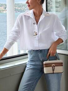 EURMUSE Cotton COTTONLINE Cat Pattern & Flower Embroidery Detailed Cutest Shirt Ever - White - View 5