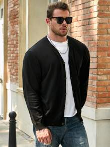 Manfinity Homme Men's Plus Size Solid Color Simple Casual Cardigan, Black Outerwear, Fall/Winter