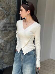 DAZY 女士商务休闲 V 领长袖修身衬衫、长袖上衣、秋季返校服装 - 杏色 - 查看 6