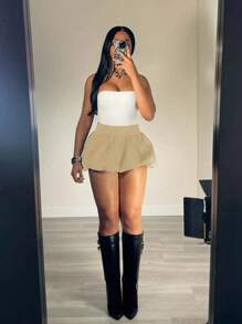 SHEIN Women's Solid Color Casual Minimalist Daily Shorts - Khaki - View 5