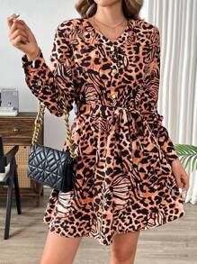 Chiquease 女式豹纹长袖衬衫裙，配纽扣和系带细节，秋季 - 棕色 - 查看 5