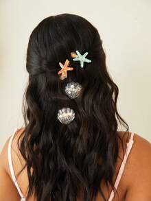 SHEIN MOD 4 件装女士可爱珍珠/鲍鱼、多巴胺、闪光、不对称形状、贝壳海洋海星发夹，适合海滩度假 - 彩色 - 查看 4