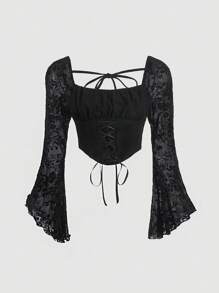 SHEIN MOD Camiseta de manga larga de corte semitransparente con pliegues en el pecho y mangas acampanadas en talla grande para mujer, con costuras negras
