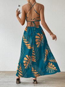 Breezaya Tropical Leaf Print Vacation Beach Dress
