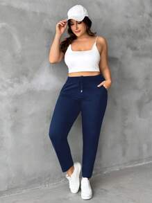 EURMUSE Plus Size Drawstring Cargo Pants - Navy Blue - View 3