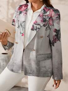 EMERY ROSE 大码女式秋季花卉印花缺口领长袖金属双排扣优雅西装外套 - 杏色 - 查看 1