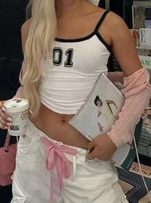 SHEIN EZwear Women Numeric Print Cropped Fitted Camisole Tank Top For Summer