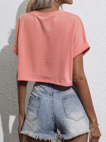 SHEIN LUNE 蝙蝠袖口袋貼布短版T恤 - 珊瑚粉 - 查看 2
