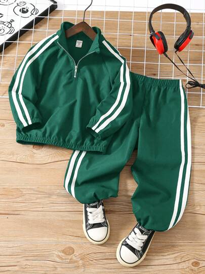 SHEIN 2pcs Young Boys Casual Raglan Sleeve Stand Collar Decorative Ribbon Stand Collar Half-Open Front Jacket And Elastic Waist Pants Set, Fleece, Thickened