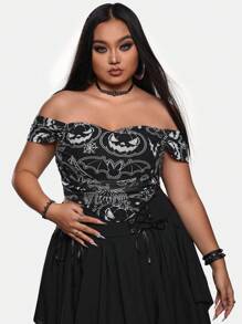 Sonchs Curiosities Blusa ajustada de estilo Y2K para mujer de talla grande con estampado de calabaza, hombro descubierto y bajo asimétrico, apta para verano, vacaciones, salir, festivales, Ibiza