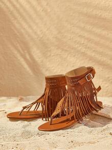 Styleloop Sandalias de gladiador con flecos para mujer, sandalias planas tipo chanclas con remaches y tachuelas al estilo occidental - Marrón - Ver 2