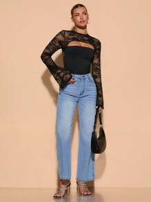 SHEIN BAE Women's Black Basic Long Sleeve Knit Top With Lace Contrast, Crew Neck, Simple And Elegant, Suitable For Outings, Dates, Night Outs And Elegant Parties, Autumn Winter