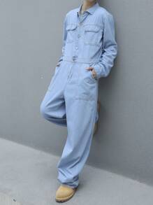 Manfinity Homme Men's Casual Loose Cargo Denim Jumpsuit, Spring Autumn - Blue - View 7