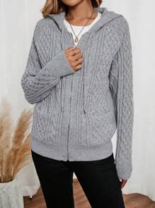 EMERY ROSE Damska jesienno-zimowa nowa dzianinowa kurtka sweterkowa z kapturem i zamkiem błyskawicznym - Szary - Zobacz 5