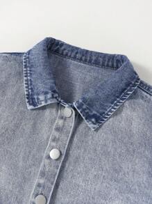 Tween Girls Color Block Front Button Long Sleeve Denim Shirt + Star Print Round Neck Vest + Ripped Pocket Denim Pants Outfit Set - Multicolor - View 6