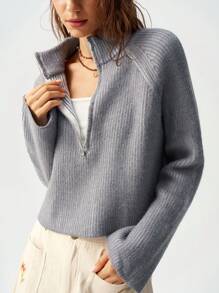 Bohemela Suéter informal de unicolor con mangas raglán y cuello para mujer - Gris - Ver 1