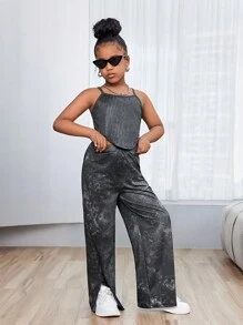 2pcs Tween Girl's Washed Effect Camisole And Wide-Leg Pants Set - Black - View 6