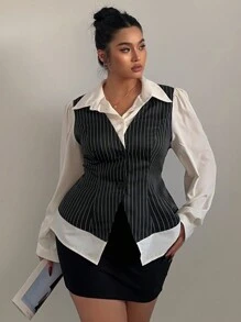 Flirla Plus Size Women's Button-Down Striped Shirt - Black and White - View 6