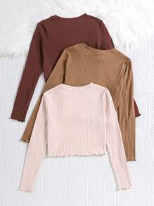 SHEIN Leap Crew 3 件套 Tween 女童罗纹长袖短款上衣 - 彩色 - 查看 2