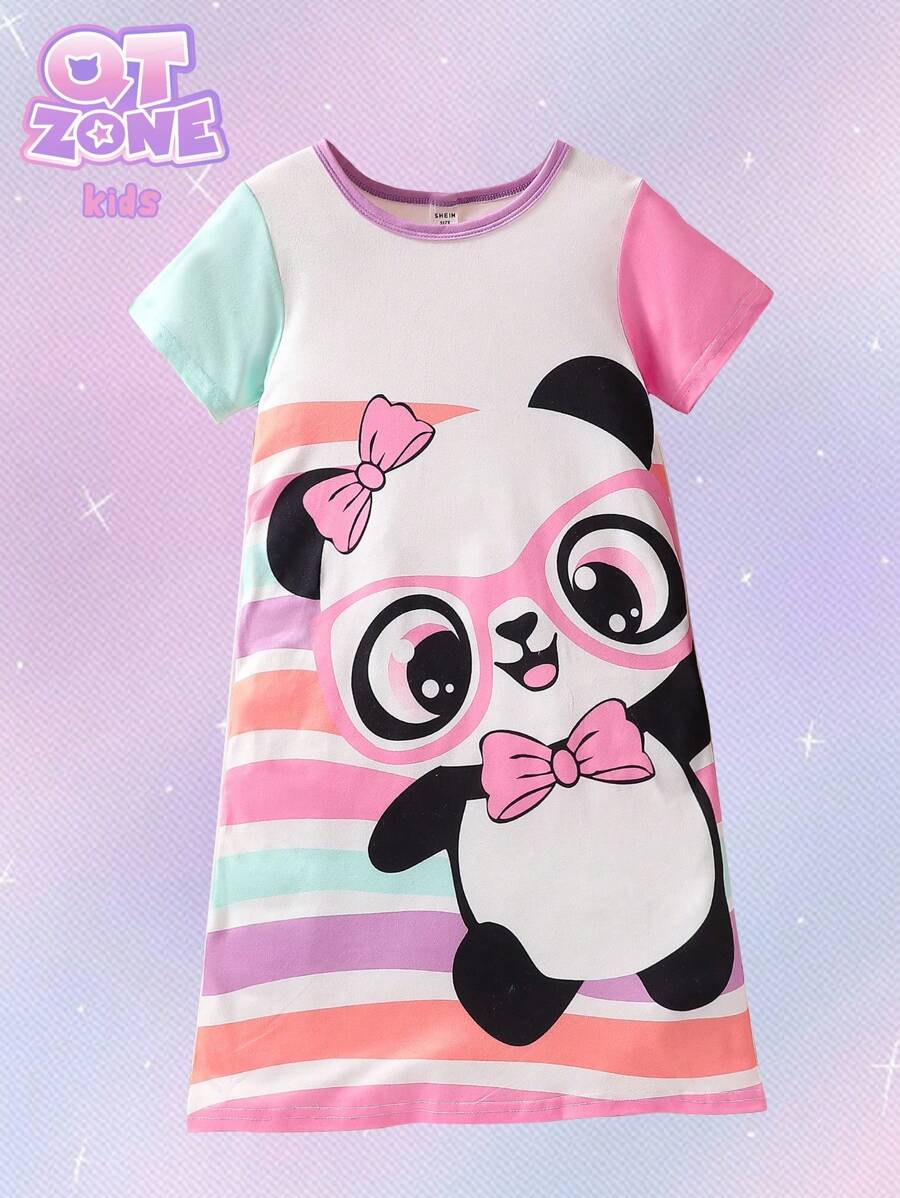 SHEIN Young Girl Simple Panda Pattern Printed Color Block Round Neck Short Sleeve Nightdress For Home