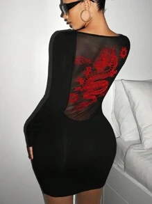 SHEIN ICON Women's Spring-Summer Long Sleeve Bodycon Dress With Chinese Dragon Net Mesh Panel - Black - View 3