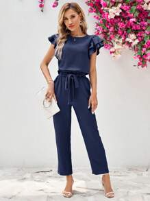 SHEIN Clasi 2pcs Women's Round Neck Ruffle Short Sleeve Shirt & Detachable Belted Pants Set - Navy Blue - View 4