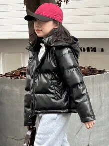 Dazy Kids Abrigo acolchado de unicolor para niñas, chaqueta de cuero para ropa de otoño de niña preadolescente - Negro - Ver 3