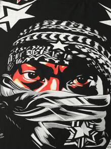 ROMWE MEN Street Life 男式复古宽松图案印花短袖 T 恤，高街风格 - 黑色 - 查看 4