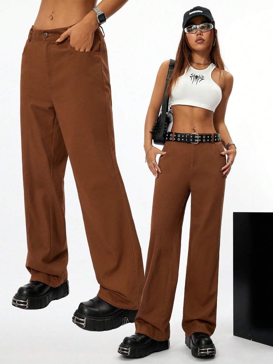 SHEIN EZwear Fashionable Street Style Straight Washed Cotton Trousers, Perfect For Spring And Summer Outfits - Brown - View 1