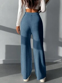 RueChic Solid Ribbed Knit Wide Leg Pants - Blue - View 2