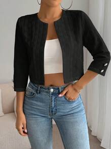 SHEIN Essnce 女士休闲时尚复古风格纯色前开短款七分袖夹克女式工作夹克教师服装教师夹克秋季女装商务女装 - 黑色 - 查看 3