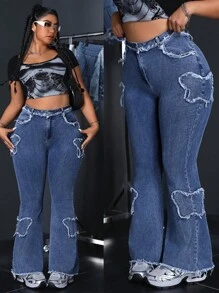 SHEIN ICON Quần Jeans Denim Xòe Túi Rách Cỡ Lớn Cho Nữ - Màu xanh lam - Xem 1
