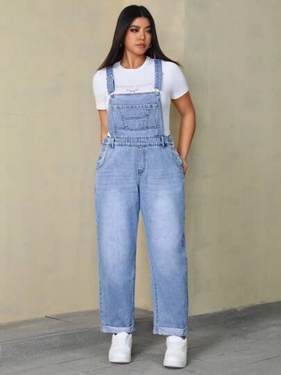 SHEIN ICON Plus Size Women's Summer Pocket Casual Versatile Denim Bib Overalls