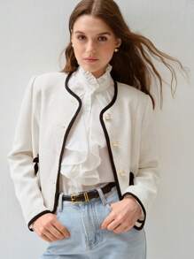 Enchnt Autumn Romantic Women's Sweetheart Contrast Color Bow-Decor Hem Elegant Short White Tweed Jacket