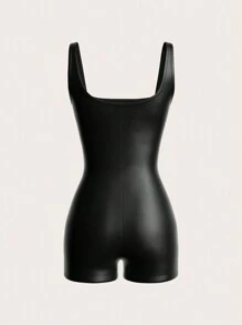 SHEIN EZwear 大码女式黑色弹力 PU 方领连体裤 - 黑色 - 查看 2