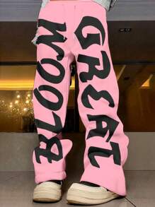 Manfinity LEGND Men's Letter Print Drawstring Pocket Casual Sweatpants - Pink - View 1