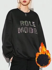 Muchica Sudadera de mujer de cuello redondo y manga larga con transferencia de alfabeto de diamantes de imitación - Negro - Ver 5