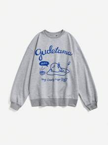 Gudetama X SHEIN Áo thun trễ vai họa tiết trứng và chữ hoạt hình dễ thương thường ngày dành cho nữ - Màu Xám nhạt - Xem 1